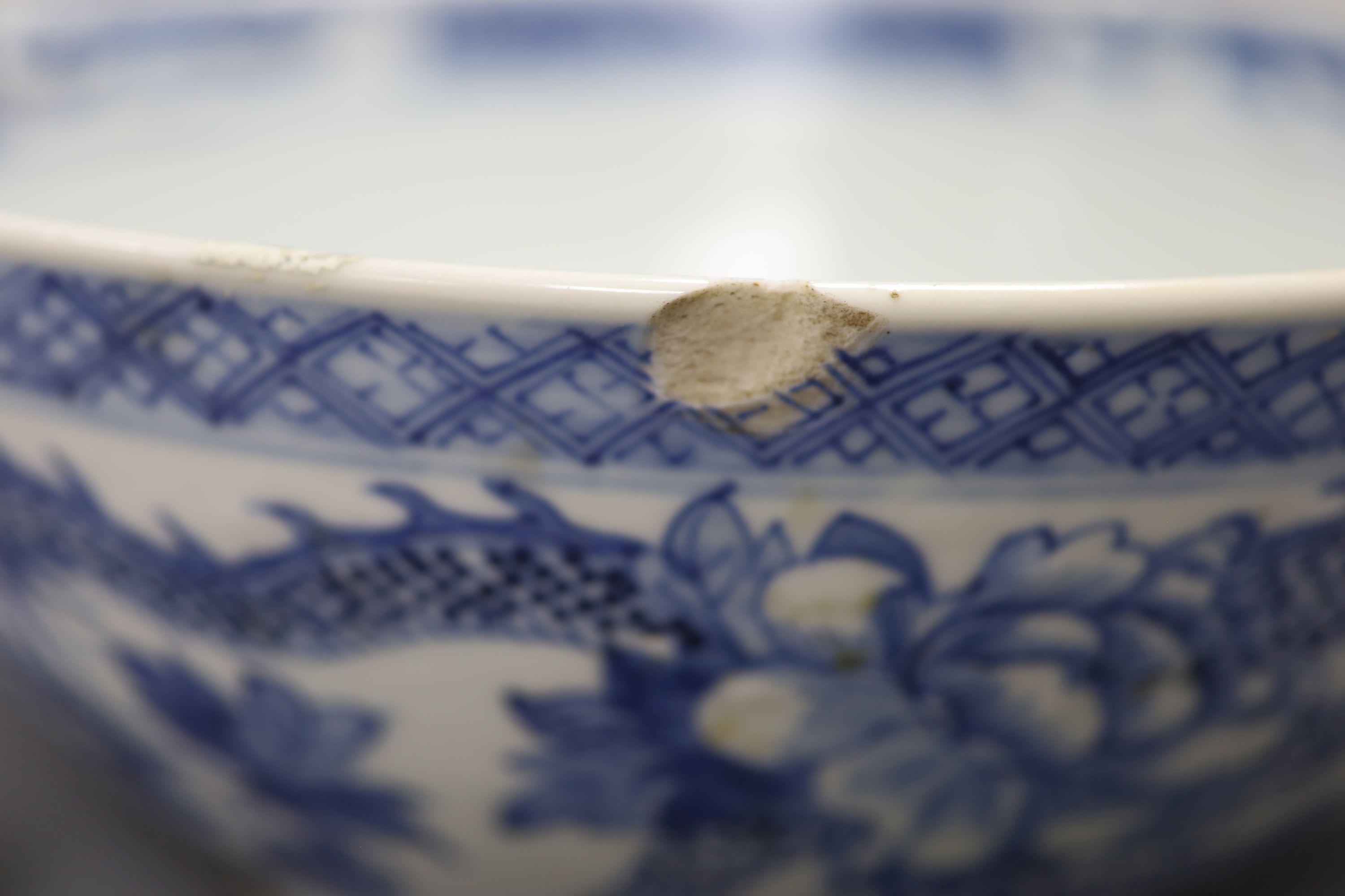 A 19th century Chinese porcelain blue and white dragon bowl, diameter 30cm